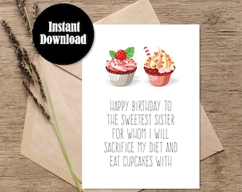 Printable Birthday Card Download Birthday Greeting Card for Sister Funny Birthday Card Funny Diet Lose Weight Birthday Cupcake Print at Home