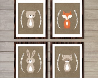 Nursery Wall Art Printable Woodland Critters, Fox, Bear, Racoon, Bunny 8x10- Instant Download Digital Print Forest Baby Kids Nursery Decor