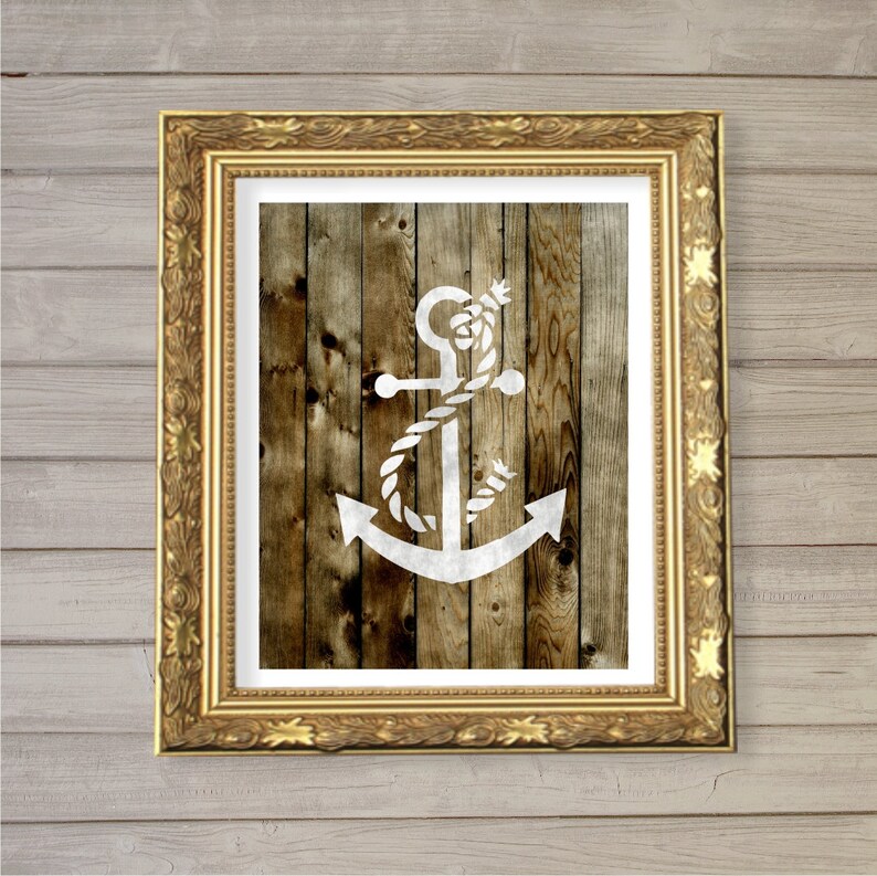 Rustic Anchor Wooden Board Wall Art Printable 8x10 Instant Vintage Compass Nautical Seaside Cottage Home Room Interior Decor
