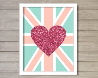 Love Union Jack Glitter Pink Heart -8x10- Instant Download Printable Nursery Wall Art London England UK English British Flag Room Home Decor