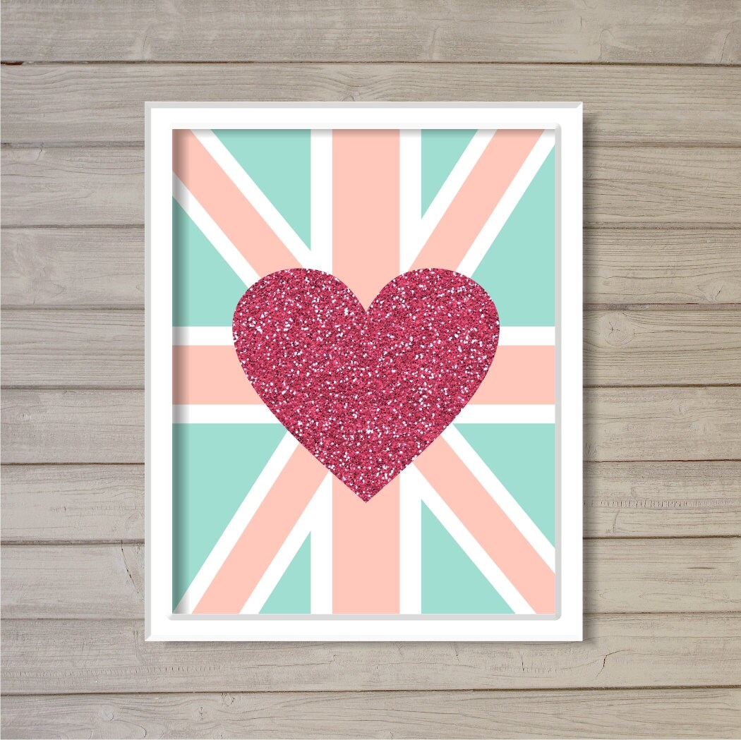 Love Union Jack Glitter Pink Heart -8x10- Instant Download Printable ...