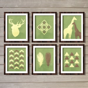 Tribal Art Print Set of 6 Green 8x10 Instant Download Printable Watercolor Deer Giraffe Feathers Native American Living Room Home Decor image 1