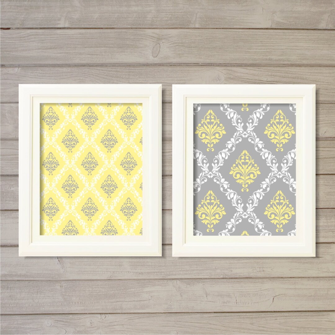 Damask Pattern Printable Wall Art Grey Yellow Set of 2 -8x10- Vintage ...
