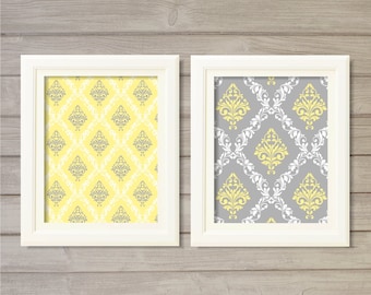 Damask Pattern Printable Wall Art Grey Yellow Set of 2 -8x10- Vintage Geometric Instant Download Digital Print Living Room Home Decor