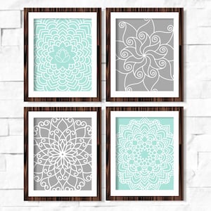 Geometric Mandala Floral Printable Wall Art Set of 4 -8x10- Turquoise Grey Mint Gray Instant Download Digital Print Livingroom Home Decor