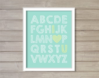 Alphabets ABCs I Heart U Nursery Wall Art Printable - Turquoise Blue 8x10- Instant Download Digital Print Baby Boy Kids Room Decor