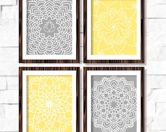 Geometric Mandala Floral Printable Wall Art Set of 4 -8x10- Yellow Gray Grey Instant Download Digital Print Livingroom Home Decor