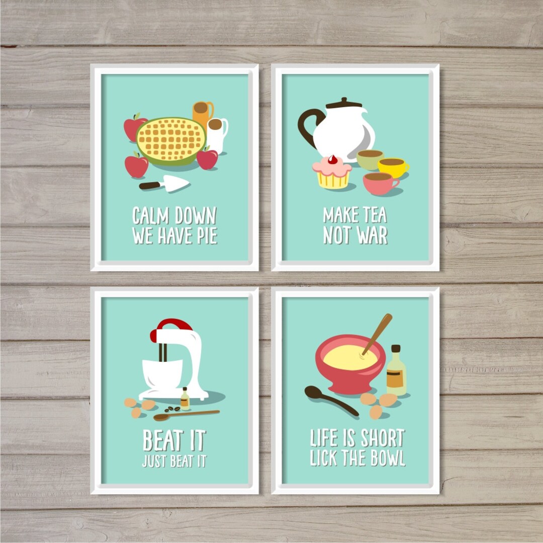 Funny Kitchen Printable Wall Art Prints Set Of 4 Turquoise Blue 8x10 