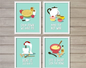 Funny Kitchen Printable Wall Art Prints- Set of 4- Turquoise Blue -8x10- Instant Download Cake Baking Tea Pie Baker Kitchen Gifts Home Decor