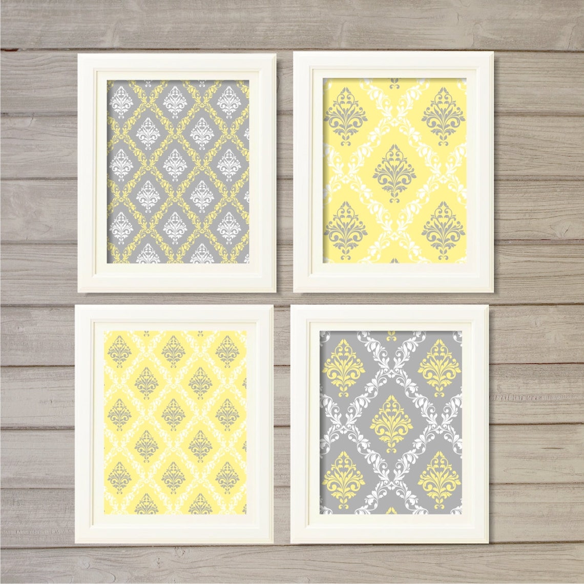 Damask Pattern Printable Wall Art Grey Yellow Set of 4 8x10 - Etsy