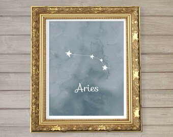 Aries Zodiac Constellation Wall Art Printable 8x10 - Instant Download Birthday Horoscope Astrology Stars Watercolor Poster Home Room Decor