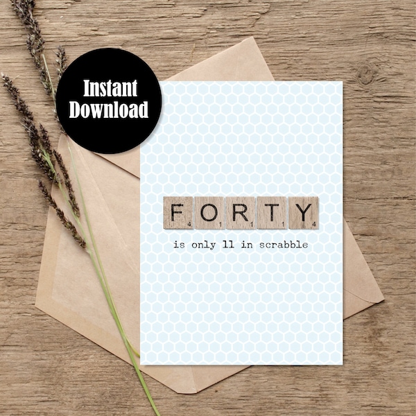 Printable 40th Birthday Card Download Downloadable 40 Birthday Card Printable Scrabble Themed Fortieth Last Minute Birthday Greeting Card