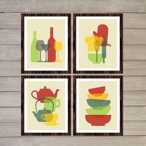 Scandinavian Retro Kitchen Printable Wall Art - Colorful Tea Pots Wine Bottles Bowls -8x10- Food Bakery Gift Instant Download Home Decor