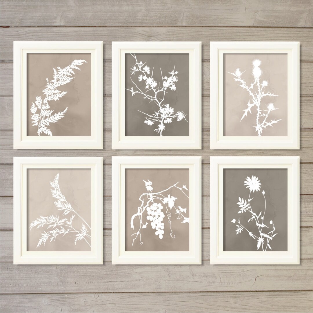 Botanical Fern Floral Wall Art Printable Grey Monotone Watercolor Set