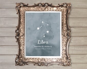 Libra Zodiac Constellation Wall Art Printable 8x10 - Instant Download Birthday Horoscope Astrology Stars Watercolor Poster Room Home Decor
