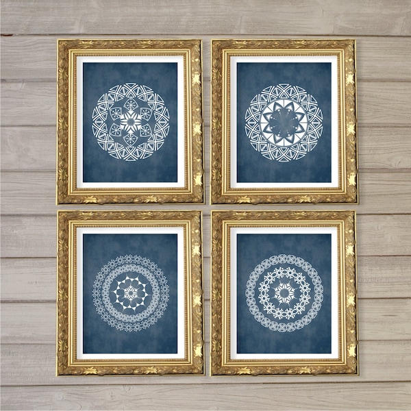 Geometric Circle Mandala Medallion Pattern Printable Wall Art Set of 4 -8x10- Navy Blue Instant Download Digital Print Livingroom Home Decor