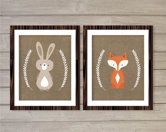 Nursery Wall Art Printable Woodland Critters, Fox and Bunny Set of 2- 8x10- Instant Download Digital Print Forest Baby Kids Nursery Decor