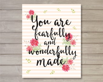 You are Fearfully and Wonderfully Made Nursery Wall Art Printable -8x10- Instant Download Pink Gold Roses Floral Baby Kids Nursery Decor