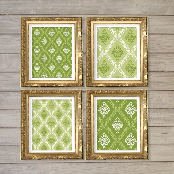 Damask Pattern Printable Wall Art Grass Moss Green Set of 4 -8x10- Vintage Geometric Instant Download Digital Print Living Room Home Decor