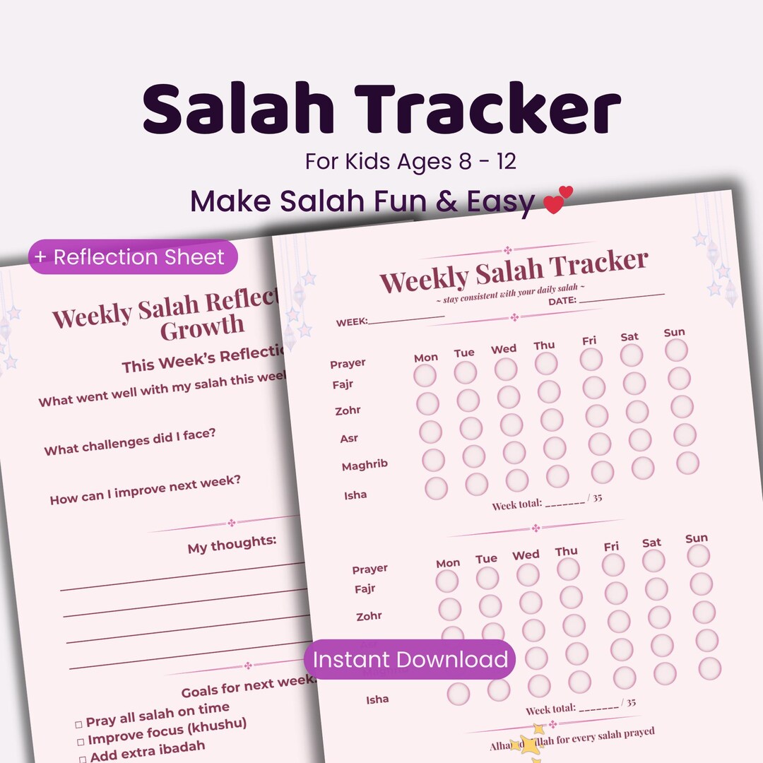 Pink Salah Tracker for Kids Printable, Islamic Prayer Chart PDF, Daily ...