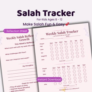 Puede incluir: Un rastreador de Salah imprimible en rosa y blanco para niños de 8 a 12 años. El rastreador incluye una tabla semanal para rastrear las oraciones, una hoja de reflexión y el texto "Make Salah Fun & Easy". También es visible el texto "Instant Download".