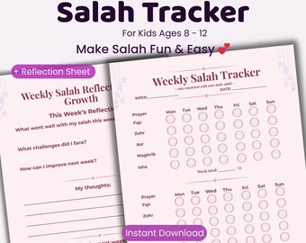 Pink Salah Tracker for Kids Printable, Islamic Prayer Chart PDF, Daily Salah Log, Muslim Kids Planner, Reflection Sheet, Ramadan Tracker
