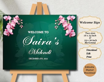 Letrero de bienvenida, bienvenido al letrero mehndi, Editar e imprimir tablero de letreros de bienvenida, decoración mehndi de boda y letrero dholki, póster de decoración nocturna de Dholki Mehndi