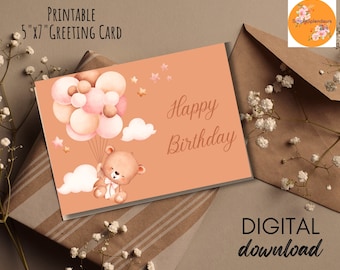 Tarjeta de cumpleaños imprimible descarga instantánea tarjeta de 5x7 pulgadas para cumpleaños, tarjeta de cumpleaños para descargar, tarjeta de cumpleaños para niños, oso, oso lindo