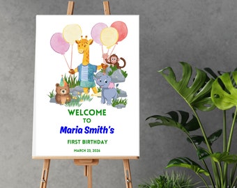 Plantilla de signo de bienvenida de cumpleaños, signo de caballete de cumpleaños editable, signo de bienvenida imprimible, tema Safari, decoración de fiesta de cumpleaños personalizable, bricolaje