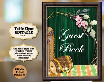 Letrero de mesa personalizado como decoración de mehndi / Letrero de mesa de libro de visitas editable e imprimible / Decoración de boda / Descarga instantánea en PDF / Letrero de evento