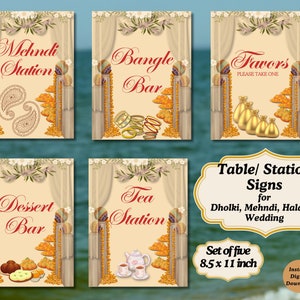 Puede incluir: Conjunto de cinco letreros de 8,5 x 11 pulgadas para eventos Dholki, Mehndi, Haldi o Boda. Cada letrero presenta un nombre de estación único como "Mehndi Station" y "Bangle Bar" con elementos decorativos y texto.