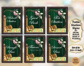 Juego de 6 letreros para bodas / Decoración de mesa imprimible / Mehndi Dholki / Descarga instantánea / Letreros en PDF listos para imprimir / Juego de letreros para eventos