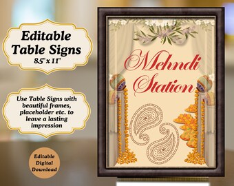 Señal de estación mehndi como docoración dholki, decoración de boda india Señales de mesa dholki/ mehndi/ boda, señal de estación de henna y señales de decoración mehndi