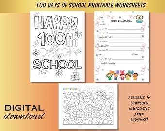 Hojas de trabajo del día 100 de la escuela, imprimible, descarga digital, páginas para colorear para niños, 100 días, jardín de infantes, grado 1, grado 2, libro de trabajo
