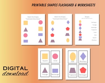 Tarjetas flash de formas imprimibles y hojas de trabajo para preescolar y jardín de infantes, paquete de aprendizaje interactivo, materiales Montessori