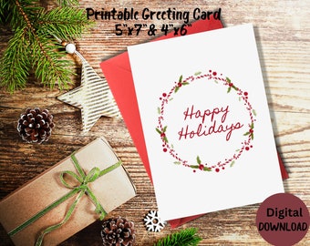 Tarjeta de felicitación navideña, imprimible, 5x7 pulgadas, 4x6 pulgadas, corona, bastón de caramelo, temporada navideña, felices fiestas, mejores deseos, descarga digital