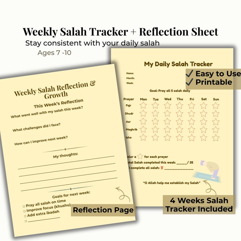 Weekly Salah Tracker Printable Kids Ages 7-10 | Islamic Prayer Chart ...