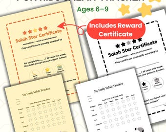 Kids Salah Tracker Printable (Ages 6–9) | Islamic Prayer Chart for Kids | Ramadan Salah Tracker + Reward Certificate PDF