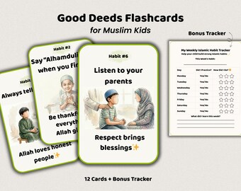 Tarjetas didácticas de buenas acciones para niños / Tarjetas de comportamiento islámico / Material imprimible para niños musulmanes / Hábitos diarios para niños (PDF)