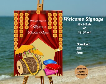 Signo de bienvenida Dholki, señalización vibrante de fiesta Dholki, decoración personalizable de bodas y celebraciones, letreros Dholki, decoraciones y letreros nocturnos de henna