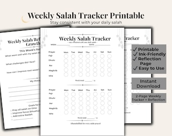 Weekly Salah Tracker Printable | Black & White Prayer Tracker | Muslim Planner | Ink Saving | Reflection Sheet | Instant Download PDF