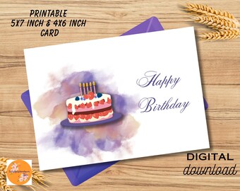 Tarjeta de cumpleaños imprimible, tarjeta de feliz cumpleaños, descarga instantánea de tarjeta de 5x7 pulgadas para cumpleaños, tarjeta de cumpleaños de 4x6 pulgadas para descargar, pastel, velas