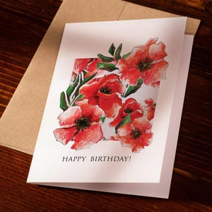 Printable Red Poppy Flower Birthday Greeting Card: A6, 5x7&quot; folded