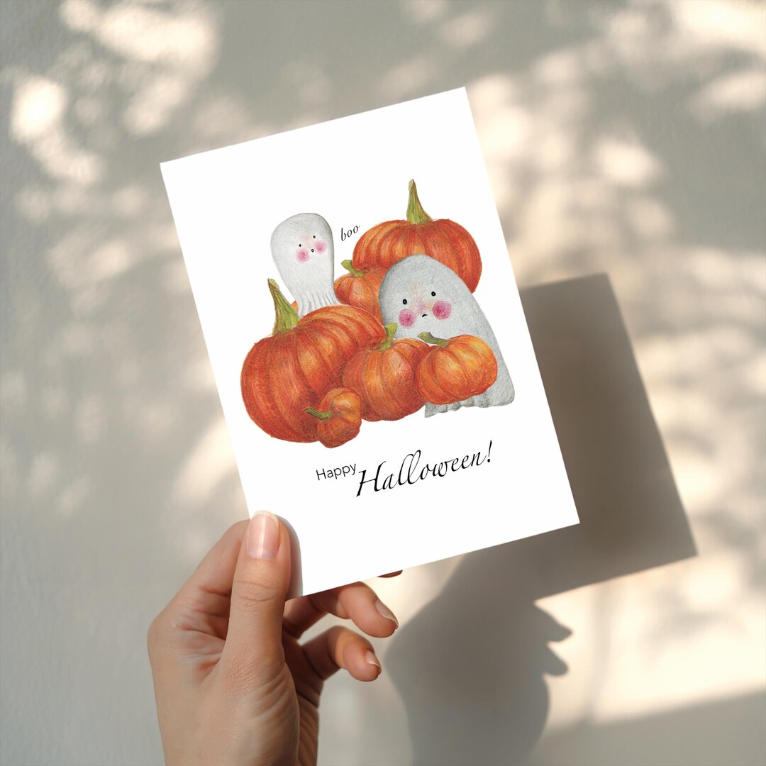 Printable Pumpkin and Ghost Halloween Greeting Card, Happy Halloween ...