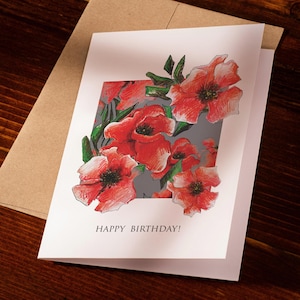 Printable Red Poppy Flower Birthday Greeting Card with Grey background: A6, 5x7&quot; folded