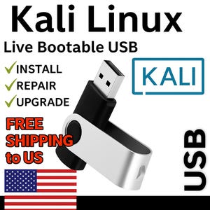 Puede incluir: Una unidad USB plateada y negra con el texto "Kali Linux Live Bootable USB". La imagen también incluye las palabras "INSTALAR", "REPARAR" y "ACTUALIZAR" con marcas de verificación, y la palabra "KALI" en un cuadro azul.