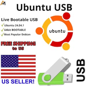 Op de afbeelding: Een groene en zilveren USB-stick met het woord "USB" in het zwart. De afbeelding bevat het Ubuntu-logo en de tekst: "Ubuntu USB", "Live Bootable USB", "Ubuntu 24.04.1", "64bit BOOTABLE" en "Most Popular Debian". Bevat ook de Amerikaanse vlag en "US SELLER!"