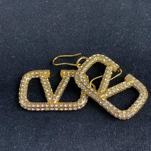 Valentino Gold V Logo Crystal Rhinestone Dangle Earrings