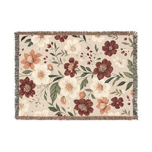 Floral Woven Cotton Blanket: Cozy Throw with Fringed Edges