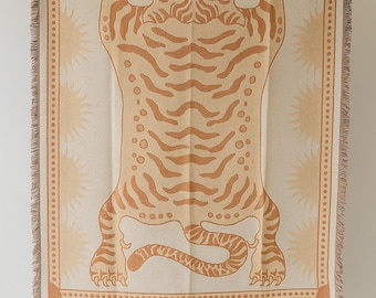 Tiger Throw Blanket | Reversible Woven Blanket | Tibetan Tiger Tapestry | Boho Tiger Art Decor | Woven Folk Art Blanket Tiger Rug 130x160cm